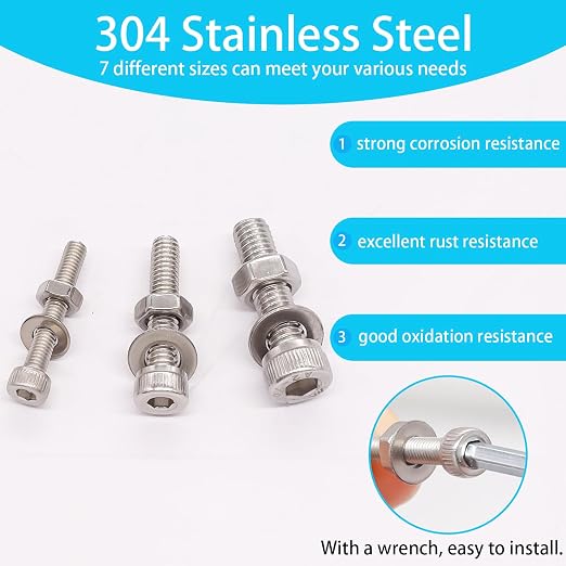 405PCS M3 M4 M5 Metric Screw Assortment Kit, 8-20mm Hex Socket Head Cap Screws Bolts Nuts Washers Assortment Kit, 304 Stainless Steel Metric Bolts with 3 Hex Wrench