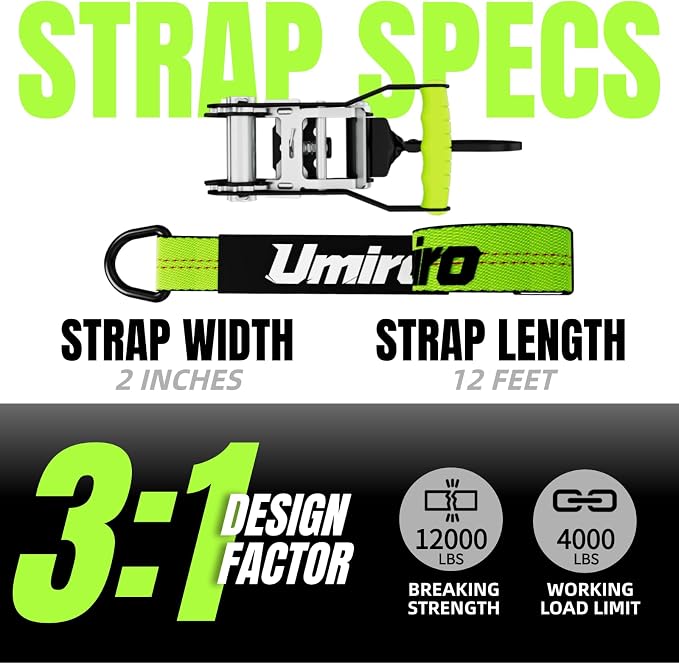 UMIRO 4 Pack Car Tie Down Straps for Trailers - 2" x 12' 12,000 LBS Break Strength - Securing Cargo for Flatbed Trailer, Truck, ATV, Hauling