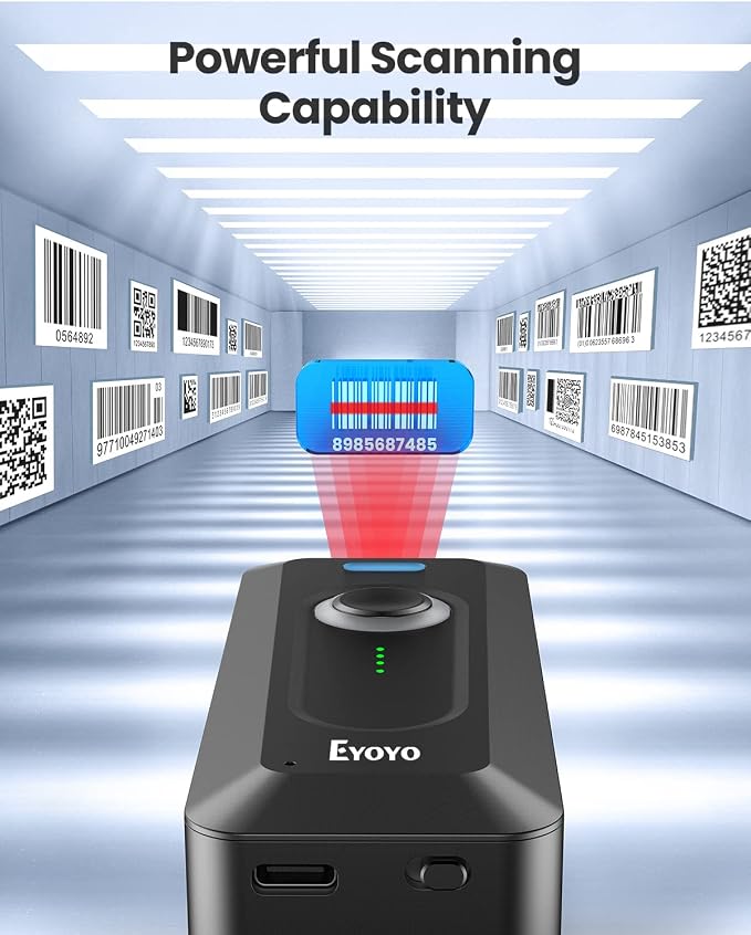2-Pack Eyoyo 2D Bluetooth Barcode Scanner Wireless with Clip, 2000mAh Battery with Level Indicator, Portable Mini Barcode Reader for Library Inventory Compatible with iPhone, iPad, Android Phone