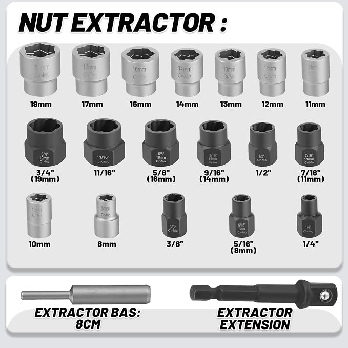 20-Pcs Bolt &Nuts Extractor Set, 3/8'' Drive Easy Out Bolt Extractor Set, Rounded Bolt Remover Heavy Duty, Broken Bolt Extractor Kit for Damaged, Frozen Bolts, Lug Nut, Nuts, Screws