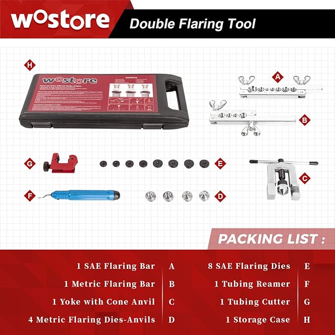 Wostore 25 FT 3/16" Brake Line Flare with 24 Brass Fittings & Double/Single Flaring Tool Kit for Single, Double (SAE) Flares & Bubble (ISO) Flares with Tubing Cutter Pipe Reamer for 3/16-5/8" 7 Sizes