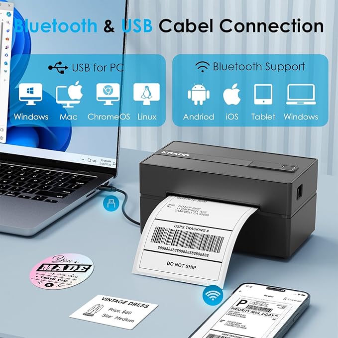 KNAON Bluetooth Thermal Shipping Label Printer, 4x6 Portable Thermal Address Label Printer for Small Business, Compatible with iPhone,Android,Windows,Mac,–Works with Etsy Shopify USPS&More, Black