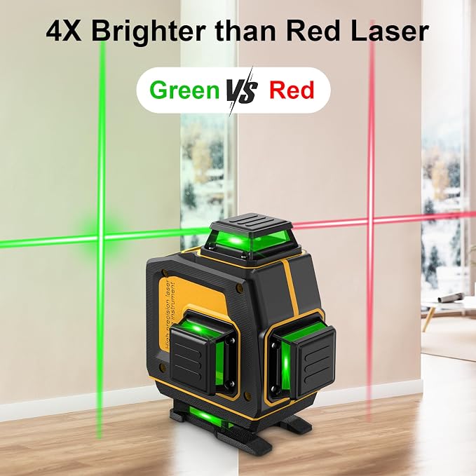Laser Level 360 Self Leveling 4x360° 16 Lines Cross Line 4D Green Laser Level Tool with 2 Batteries, Charger, for Construction/Picture Hanging/Floor/Tile(Laser Class ll, <1mW Power Output)