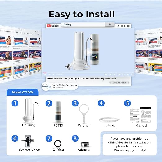 iSpring CT10-W Countertop Water Filter, Multi-Layer Faucet Water Filter System with Versatile Faucet Adapter, Reduces Heavy Metals, Bad Odor, and Chlorine, White