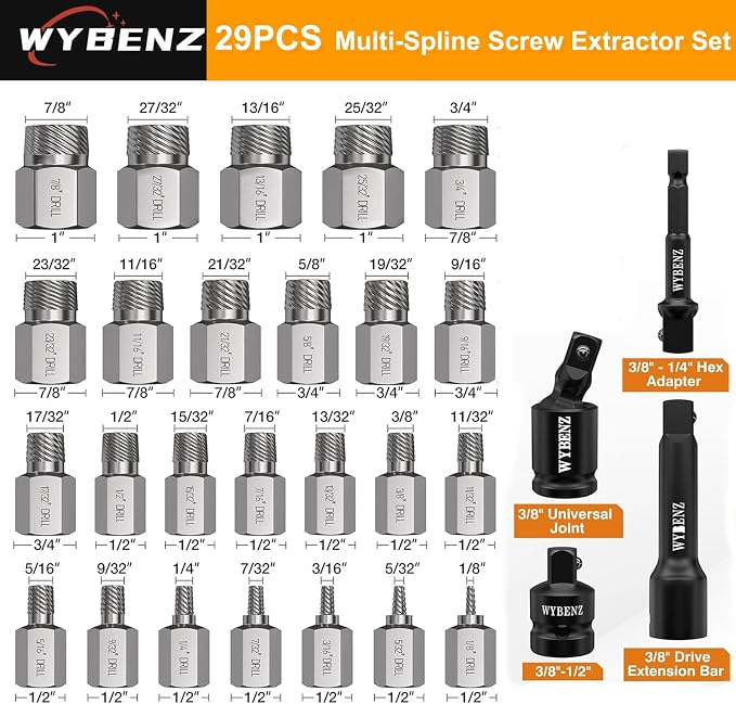 29Pcs Screw Extractor Set, 3/8" Inch Drive Easy Out Bolt Extractor Set, Multi-Spline Stripped Screw Extractor Kit, Bolt Remover for Broken Bolts, Nuts & Screws, with Extension & Adapter Accessories