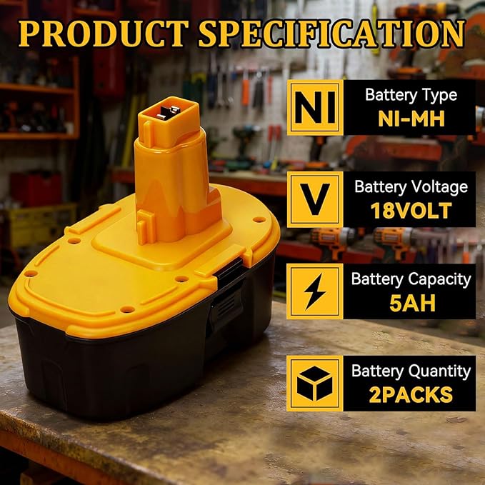 Upgraded 18V Replacement Battery for Dewalt 18V XRP Type Tools, 5.0Ah Ni-MH Battery 2-Pack Compatible with DC9096, DC9071, DE9096 DE9098,DW9071, DW9095, DW9096 Power Tools & Chargers