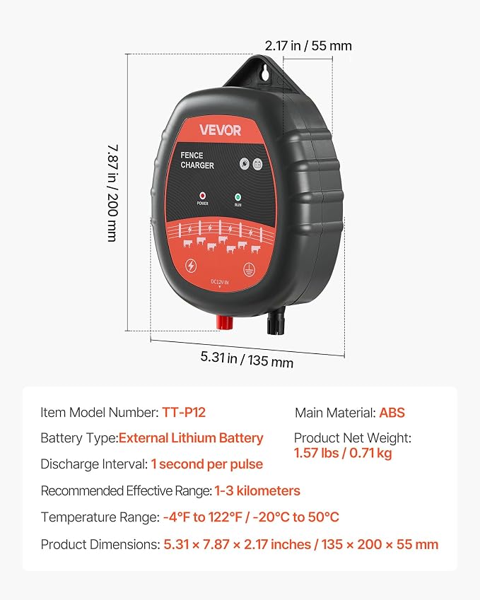 VEVOR Electric Fence Charger, 10kV 1J, AC DC Electric Fence Energizer with LED Indicator, 1.86 Miles Range, Powerful Plug-in Fences Charger, Prevents Wild Animals Intrusion for Livestock Poultry