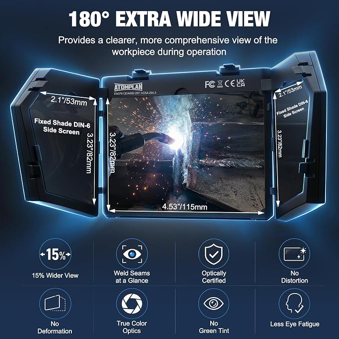 Auto Darkening Welding Helmet 180° Panoramic View True Color Welding Hood, 1/1/1/1 Optical Clarity, Rechargeable Battery, Durable Nylon Shell, Wide Shade Range for MIG TIG Stick ARC Grinding