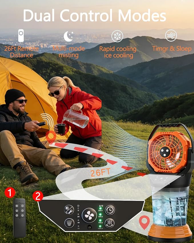 Portable Misting Fan for Outside, Rechargeable Mist Fan with 30000mAh Battery & Remote, 120° Auto Oscillating, 2L Water Tank, 4 Speeds & 3 Timers Spray Fan for Camping Patio Backyard
