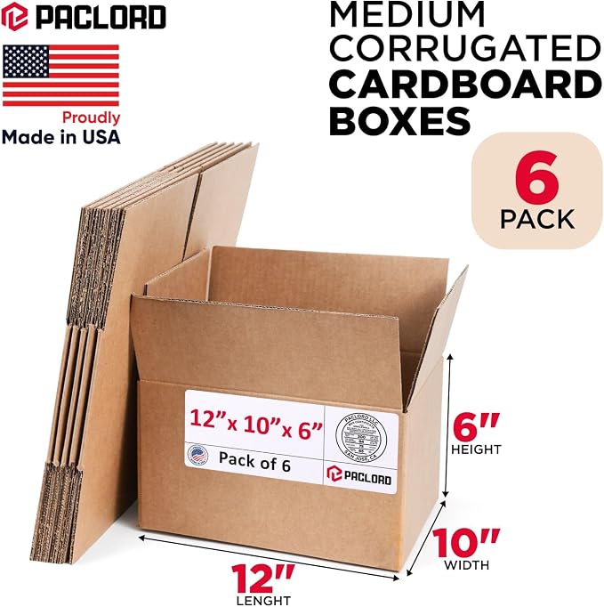 Medium Cardboard Boxes 12"L x 10"W x 6"H (Pack of 6) - USA-Made Packing Boxes for Moving, Shipping, or Storage - USPS, UPS, FedEx Approved - Professional Packing Supplies for Moving | USA-Made Packing Boxes for Moving, Shipping, or Storage - USPS, UPS,...