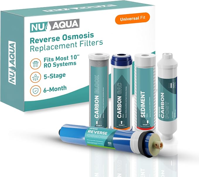 NU Aqua Reverse Osmosis Water Filter System Replacement Set - 5 Stage Under Sink Kit - Includes Membrane, Sediment, Carbon Filters, Parts & Fittings - Universal Undersink RO Filtration Cartridge Pack