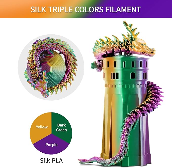 ERYONE Silk Tri Color PLA Filament 3D Printer 1.75mm +/- 0.03mm, Multicolor Filament Tricolor PLA 1KG(2.2lbs) Cardboard Spool, Green Purple Yellow