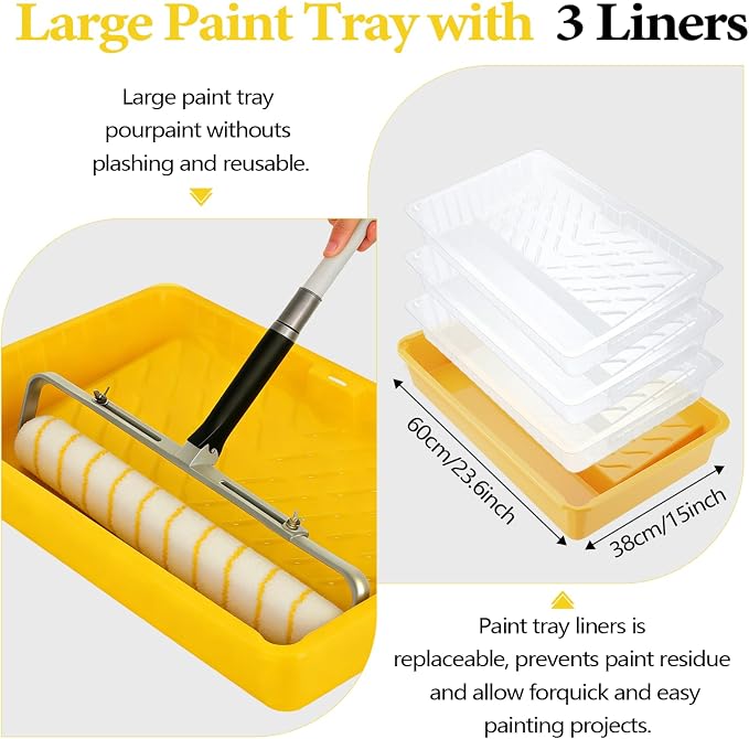18 Inch Paint Roller Kit, 14 Pack Paint Roller Set with 2-4 Ft Extension Pole, Paint Tray Liners with Plastic Sheeting for Painting Walls Ceilings House Corner Stain (White and Yellow)