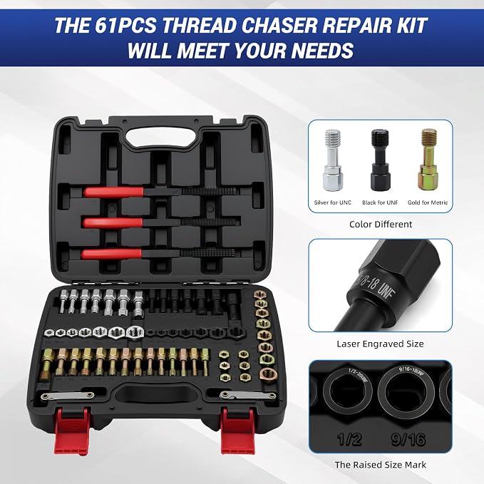 61-Piece Thread Repair Kit, Metric/UNC/SAE Thread Chaser Set with Taps, Dies, Files & Pitch Gauge, Rethreading Tool for Auto Mechanics, DIY - Rethread Damaged Screws, Bolts, Nuts