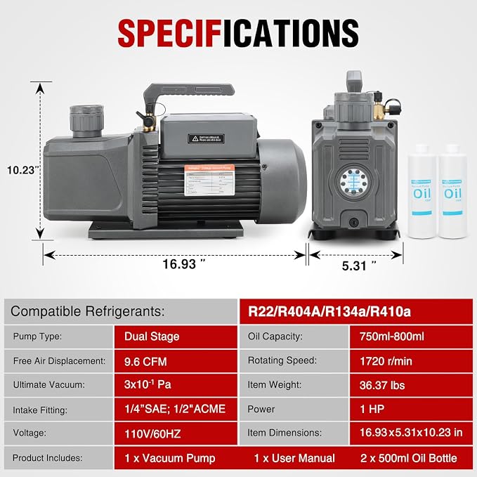 Nilight HVAC Vacuum Pump, 9.6 CFM 1 HP 110V 2 Stage AC Vacuum Pumps Kit for R22 R404a R134a R410a, 3x10⁻¹ Pa Ultimate Vacuum for Auto Air Conditioning Servicing Refrigerant Recharging, Oil Included