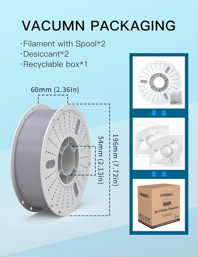 PINBALL PETG 3D Printer Filament 1.75mm High Precision Durable Moisture-Proof Strong Filament Mith Better Flow Dimensional Accuracy +/- 0.02mm Suitable for Most FDM 3D Printers 2 Kilograms Grey
