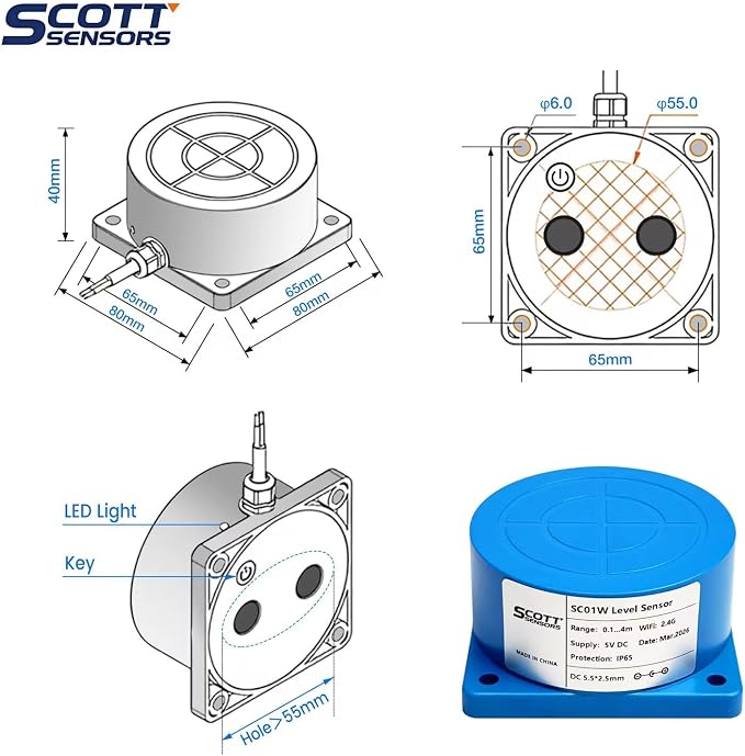 SCOTTSENSORS SC01W Smart Sensor Blue WiFi Ultrasonic Water Level Measurement IP66 Liquid Level Monitoring Sensor Controller Automatic Alarm Indicator