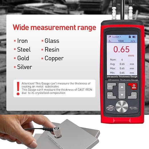 Ultrasonic Metal Thickness Gauge, Metal Gauge Thickness Tool, Measurement Range 1MM to 300MM, 0.01MM Resolution, Measuring 882X / Steel, Metal, Plastic, Glass, PVC, Pipes Thickness,Auto Calibration