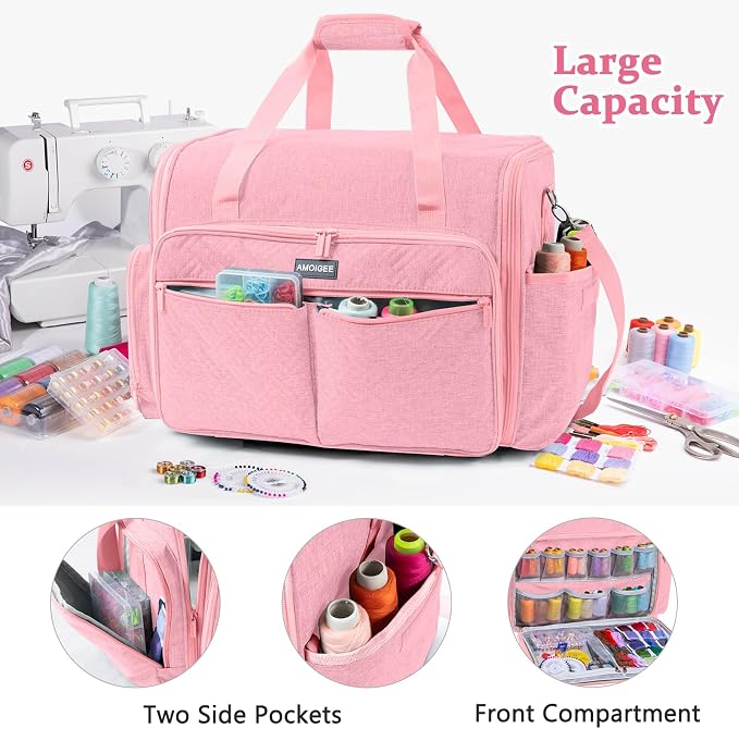 AMOIGEE Full-Open Sewing Machine Case, Large Sewing Machine Storage Bag for Travel - Heavy-Duty Embroidery Tote for Brother Singer Janome Standard Machines Holder with Pocket for Accessories and Tools