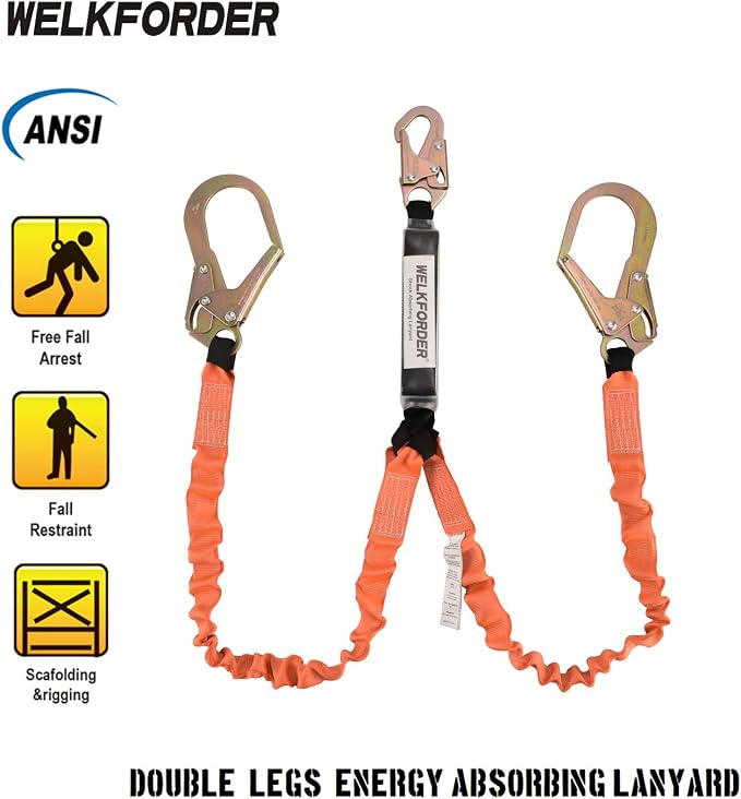 Double Leg 6-Foot Safety Lanyard for Consturction Shock Absorber Stretchable Lanyard with Snap & Rebar Hook Connectors ANSI Z359.13-2013 Complaint