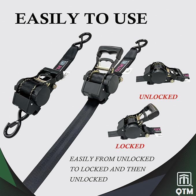 QTM Heavy Duty Retractable Ratchet Straps - 2 Inch X 10Feet, 4,400lbs Breaking Strength - Truck, Cargo Trailer, Motorcycle Tie Down Straps - 2 Pack with Bag (Black)