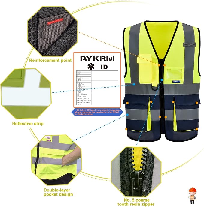 High Visibility Safety Vest with 4 Reflective Strips 7 Pockets,Yellow&Navy 6XL-8XL