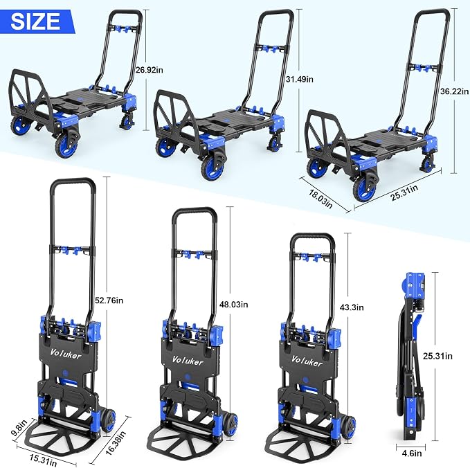 2-in-1Hand Truck Dolly 330LB Foldable with Folding Basket, Folding Hand Trucks Heavy Duty Carrying, Combination of 4 Wheels and 2 Wheels Convertible Cart with Retractable Handle Dolly for Moving