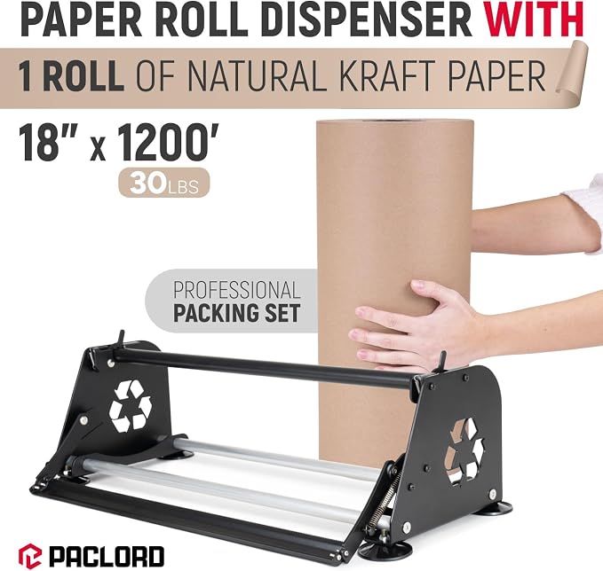 18" Paper Dispenser with Cutter + 30 lb Natural Brown Kraft Paper Roll | Heavy-Duty Steel Holder and 18" x 1200 ft USA-Made 30 lb Kraft Paper for Packaging, Void Fill, Shipping & Moving