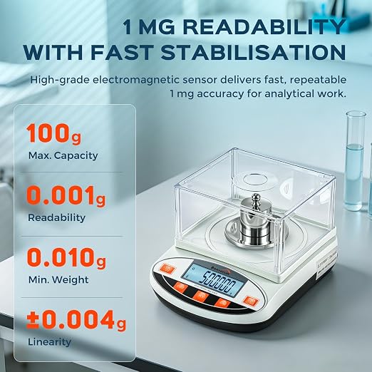 Bonvoisin Analytical Balance 100 gram x 0.001g High Precision Lab Scale Accurate Scientific Laboratory Electronic Scale 1 Milligram Digital Jewelry Weighing Scale with Windshield (100g, 0.001g)