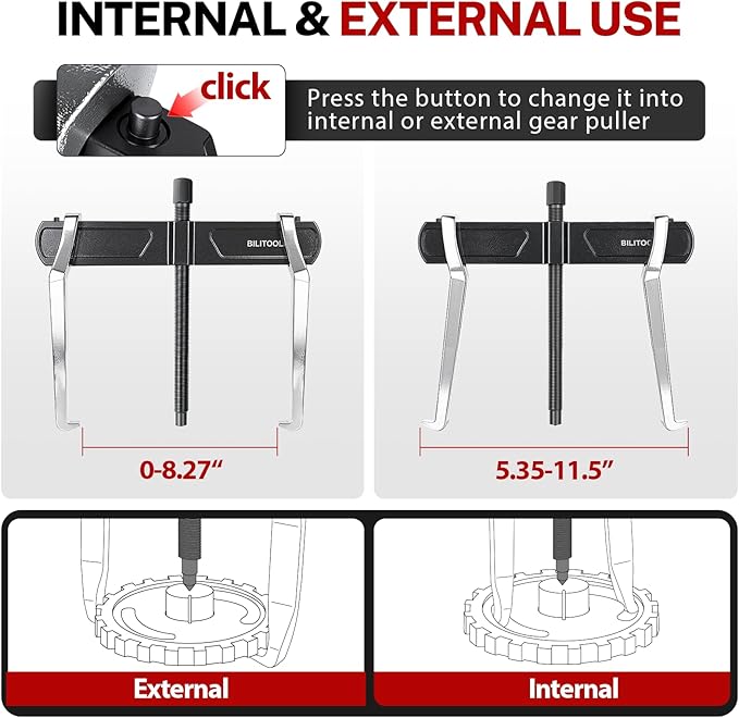 BILITOOLS 10" 2 Jaw Gear Puller, Bearing & Pulley Removal Tool, Internal External Reversible for Flywheel, Gears & Pulleys
