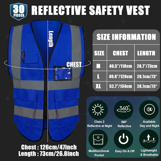 Leumoi 30 Pack Reflective Safety Vest with Pockets and Zipper High Visibility Vest for Women Men Work