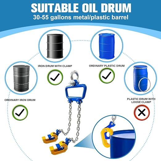 Chain Drum Lifter 2200 lbs Capacity Vertical Drum Barrel Clamp with Self-Locking Hook 1-Ton Lifter for 30-55 Gallon Drums Industrial Lift for Chemical Construction