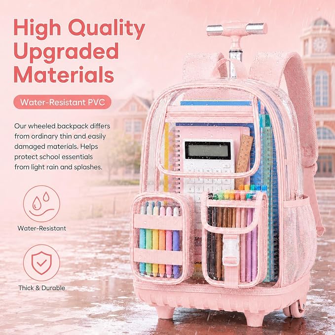 CCJPX 3Pcs Clear Rolling Backpack for Girls Women, Heavy Duty PVC Transparent Wheeled Bookbag, See Through School Bags with Wheels for Teens Elementary Travel - Pink