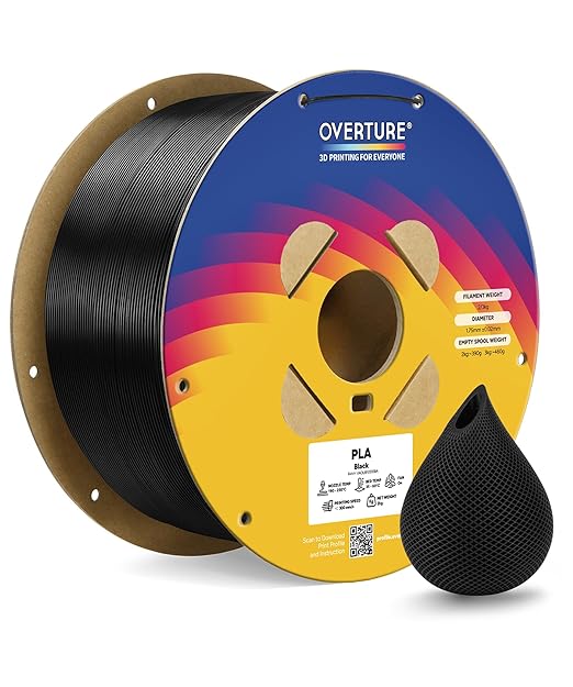 OVERTURE High Speed PLA Filament 1.75mm, Neatly Wound 3D Printer Filament 3kg Spool (6.6lbs) Rapid PLA, Dimensional Accuracy +/- 0.02 mm, Fit Most FDM 3D Printers (Black 3KG-1 Pack)