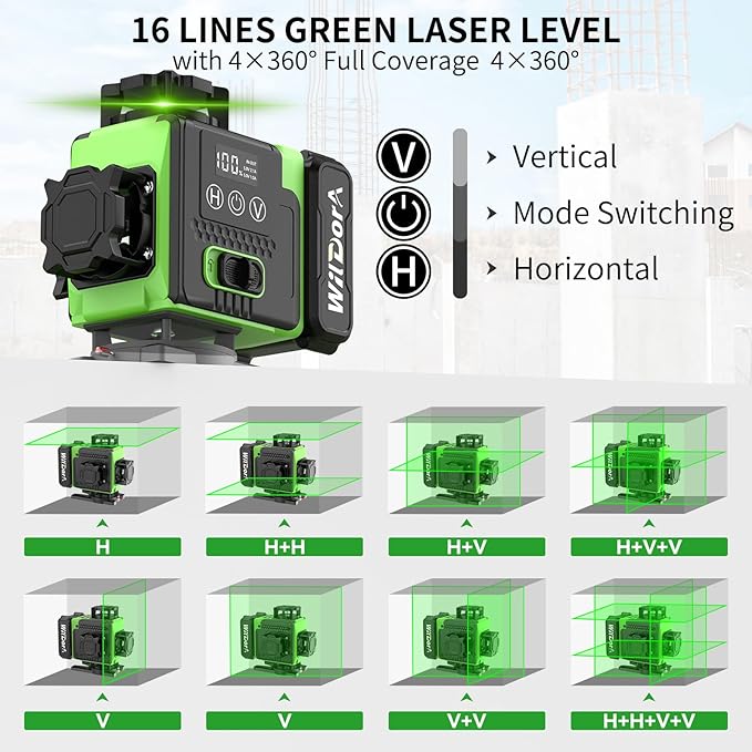 Laser Level 360 Self Leveling with Tripod, Remote Control 4D Green 16 Line Laser Leveler Tool with 2x4800mAh Li-ion Batteries & Hard Carry Case, Laser Level for Construction & Renovation