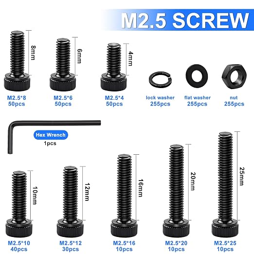 1016PCS M2.5 Screws Kit, M2.5x4/6/8/10/12/16/20/25mm Hex Socket Head Cap Screws Bolts Nuts Washers Kit, 12.9 Grade Alloy Steel Metric Screws for 3D Printer, Electronics, Furniture Repair