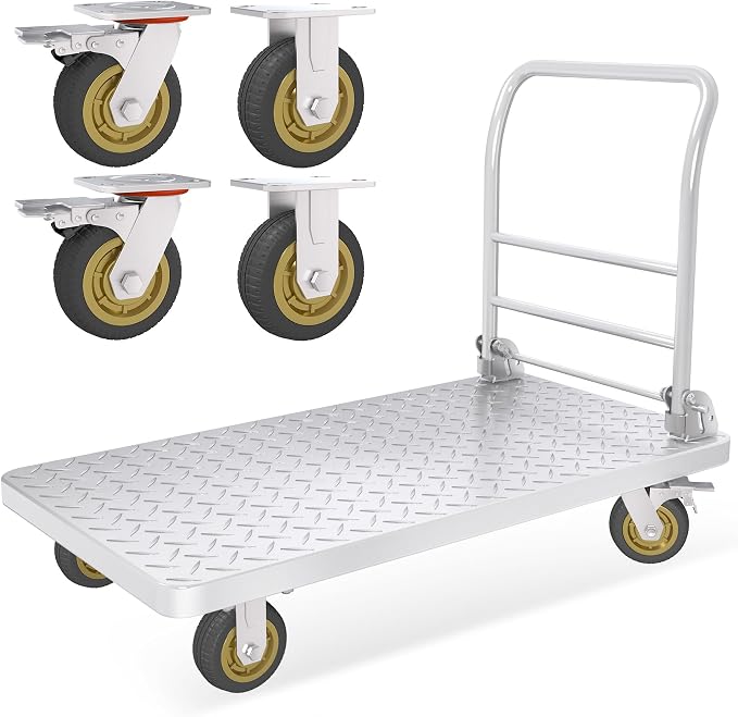 Platform Truck with Brake System 2600lbs Capacity Heavy Duty Push Cart Dolly Foldable Flatbed Cart with 5'' Swivel Wheels Large Steel Platform Dolly Cart for Groceries, Garage, Warehouse (24" x 48")