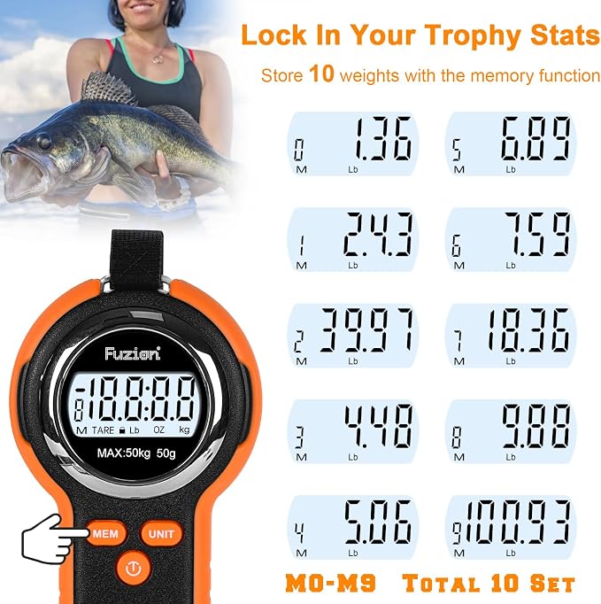 Fuzion Fish Scale, Professional Fishing Scale - 110lb Capacity, Waterproof, Night Light, Memory & Tape Measure | Portable Fish Weigh Kit w/Lip Gripper, Batteries & Pouch