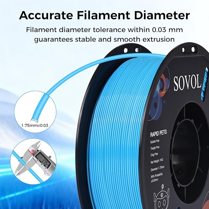 Sovol 3D Printer Rapid PETG Filament 1.75mm 1KG (2.2lbs), High Precision, Strong Toughness, Wiring Tightness, Dimensional Accuracy +/- 0.03 mm, 3D Printing High Speed PETG Filaments, Sky Blue