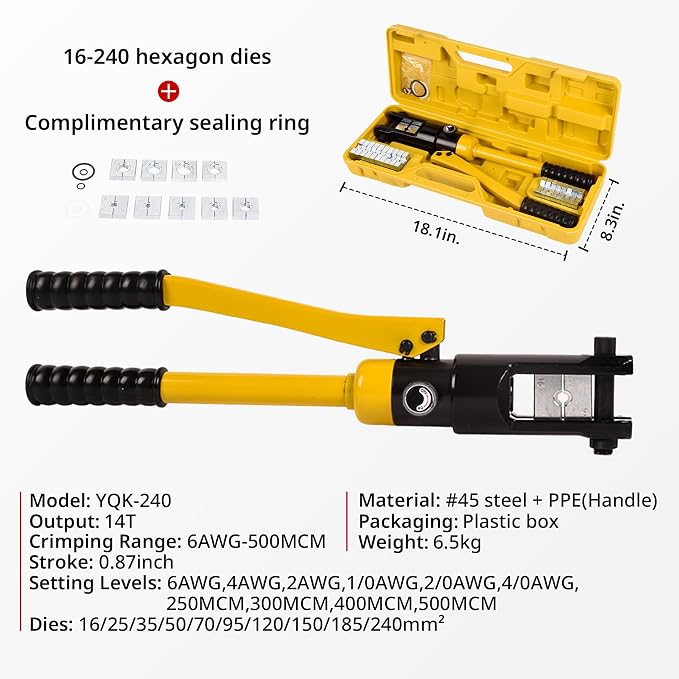 14T Hydraulic Crimping Tool 6AWG-500MCM Battery Cable Crimping Tool 0.87 inch Stroke Hydraulic Lug Crimper Electrical Terminal Crimper with 10 Pairs of Die Sets