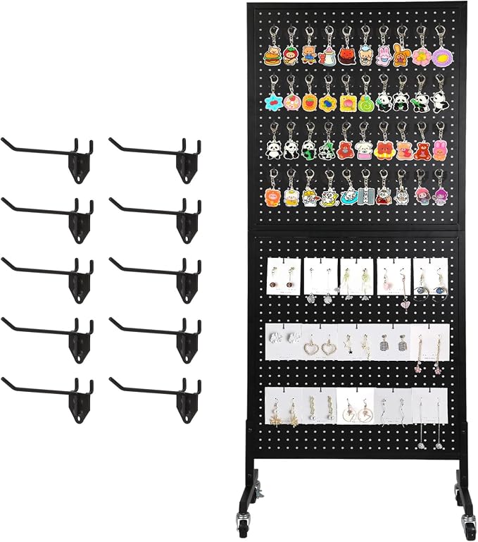 NectaCol 2'x 5' Standing Pegboard Display with T-Base, Pegboard Display Stand with Wheels, Metal Peg Board Display Rack, Art Display Stand, Extra 10 Pieces Hooks - Black