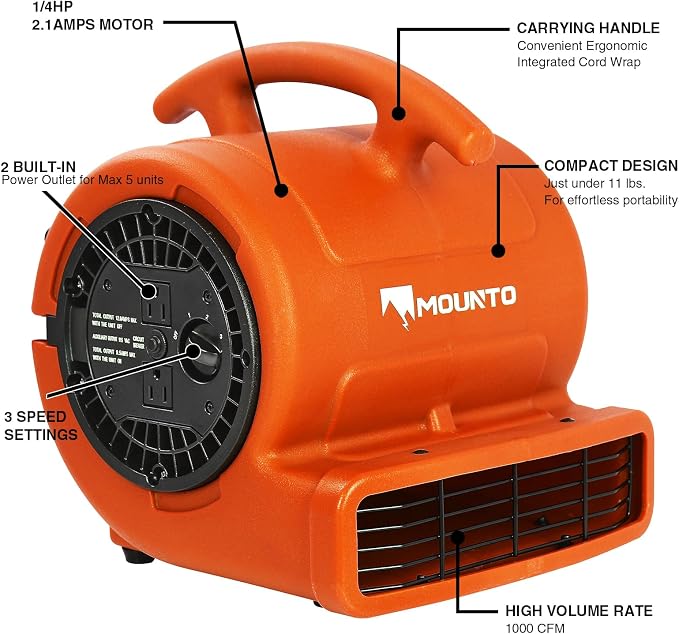MOUNTO 1/4hp 1000CFM 2 Speed Air Mover Carpet Dryer Floor Fan Cooling Fan (Orange)