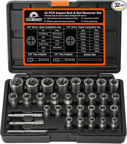 Coobeast Bolt Extractor Kit, 32Pcs Impact Bolt & Nut Remover Set, Stripped Bolt Extractor Socket Set for Damaged, Frozen, Rusted, Rounded, Broken Bolts Nuts Screws Remove