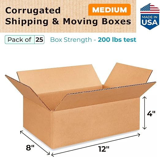 Medium Moving & Shipping Boxes 12"L x 8"W x 4"H (25-Pack) - Extra Strength 200 lb vs Regular - USA-Made Corrugated Heavy Duty Packing Boxes - Strong Corrugated Box - Cardboard Boxes by IDL Packaging
