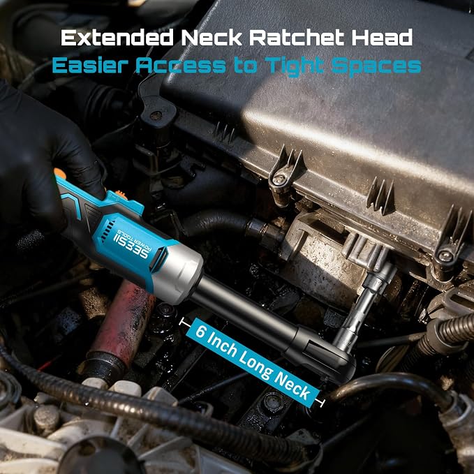 Cordless Electric Ratchet Wrench 3/8", 6" Extended Neck, 3-Speed Adjustable, 74 Ft-lbs Max Torque, 21V Power Brushless Ratchet with 2×2.0Ah Batteries & Fast Charger, 8 Sockets, 1/4"& 1/2" Adapter