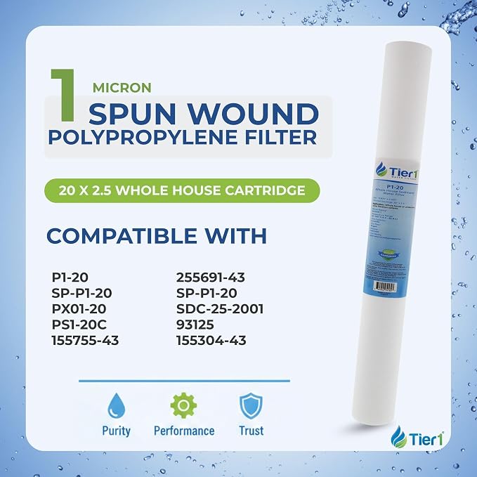 Tier1 1 Micron 20 x 2.5 Whole House Water Filter | Spun Wound Polypropylene Sediment Depth Filtration | Replacement for Pentek P1-20, SP-P1-20, PX01-20 | 2.5 x 20 Water Filter Cartridge (4 Pack)