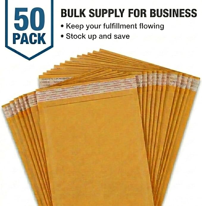 BOX USA 12 1/2 x 19" Kraft Bubble Mailers (50-Pack) - Brown Padded Envelopes, Self-Seal Shipping Bags for Small Business, Heavy Duty Cushioned Mailing Envelopes for Packaging and Shipping