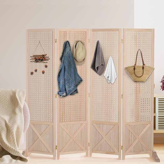 VINGLI Freestanding Pegboard with Support Feet, 5 FT Wood Room Divider Display Board Organizer, Folding Privacy Screen Partition Space Separator for Craft Shows Events Retail (Natural, 4 Panel)