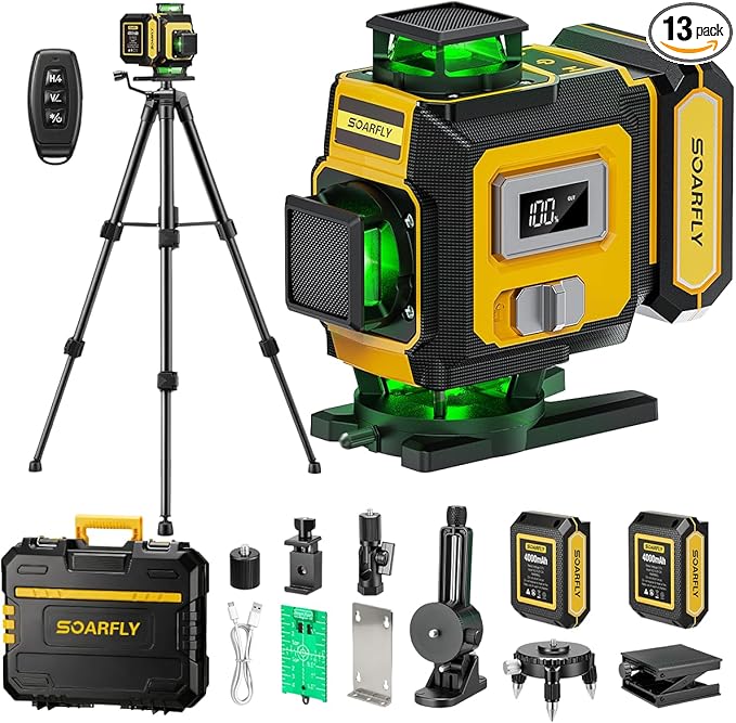 SOARFLY Laser Level with Tripod, 4x360° Self-Leveling Green Beam 4D Laser Level, Dual 4000mAh Lithium Batteries, Laser Level kit for Tile Installation, Framing, Picture Hanging & Home Renovation