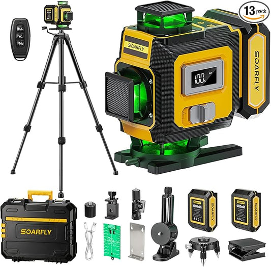 SOARFLY Laser Level with Tripod, 4x360° Self-Leveling Green Beam 4D Laser Level, Dual 4000mAh Lithium Batteries, Laser Level kit for Tile Installation, Framing, Picture Hanging & Home Renovation
